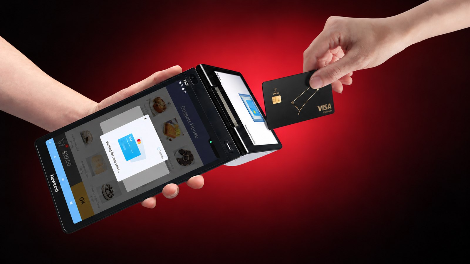 Customer presenting a card to a Newland X800 terminal