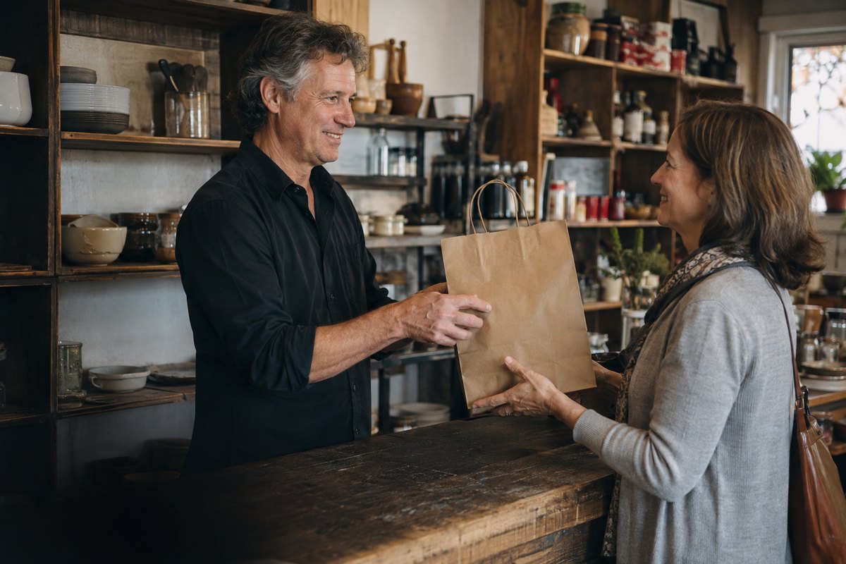 Shop owner handing a bag to a happy customer
