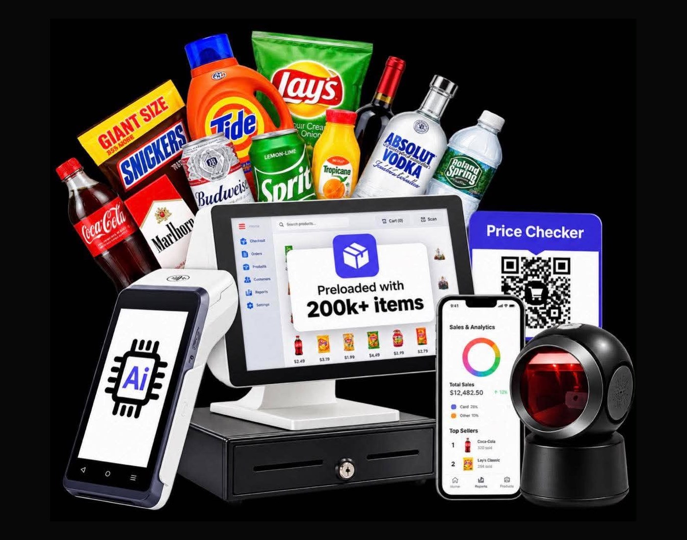 Bodega AI smart retail POS system with touchscreen register, cash drawer, barcode scanner, handheld terminal, price checker, and mobile app