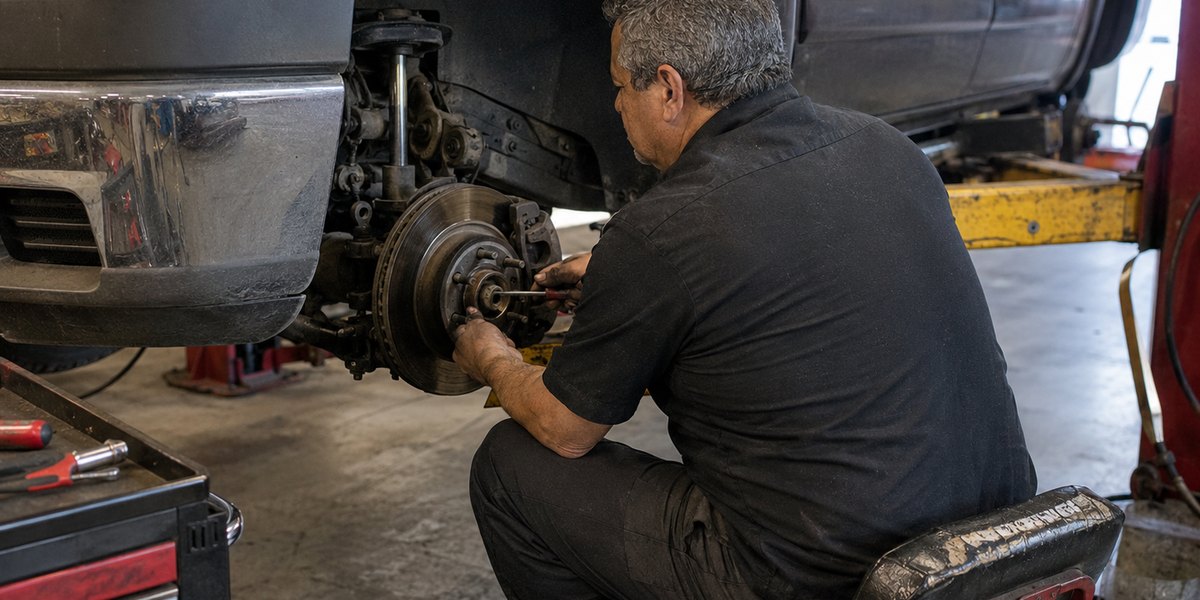 Mechanic servicing brakes at an automotive shop